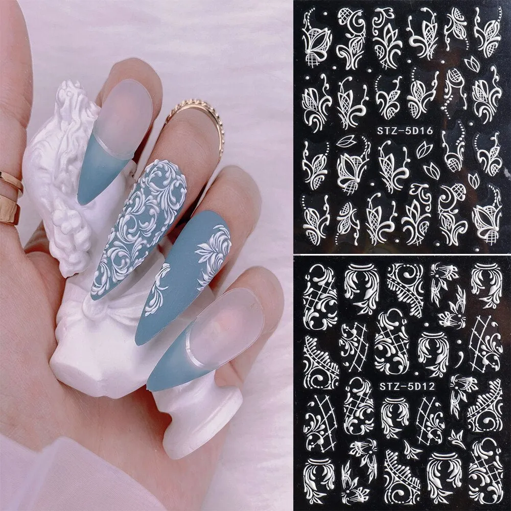 Nail Stickers Embossed 5D Elegant Carved Rose Pattern Designs Back Glue Nail Decals Tips For Beauty Salons-Nail Inspo