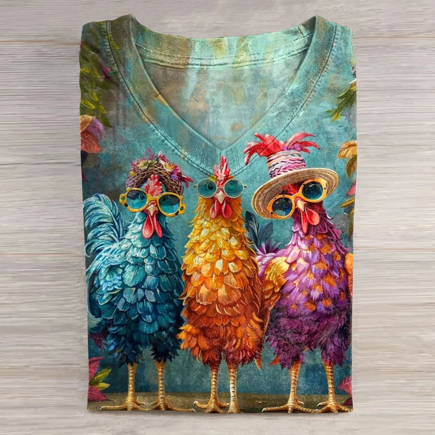 Comstylish Bestie Chicken Art Print Casual T-Shirt