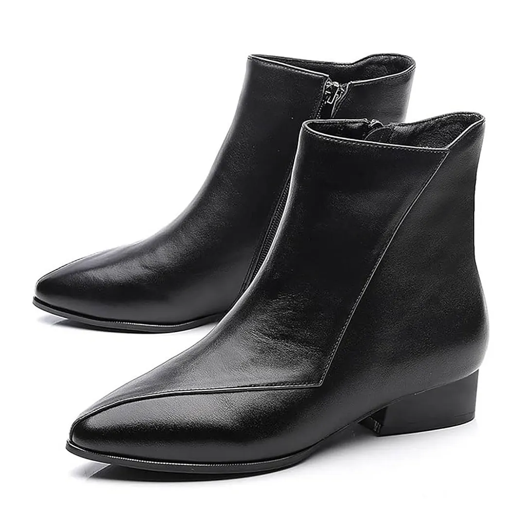 Black Pointed Toe Side Zipper Black Heel Classic Ankle Booties