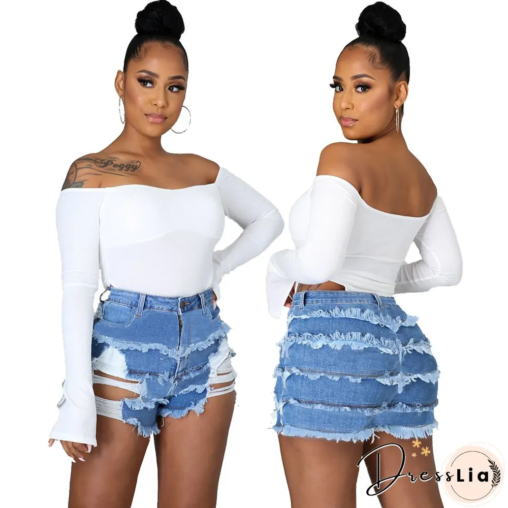 Summer Sexy Patchwork Women Ripped High Waist Holes Stretch Streetwear Plus Size Denim Shorts