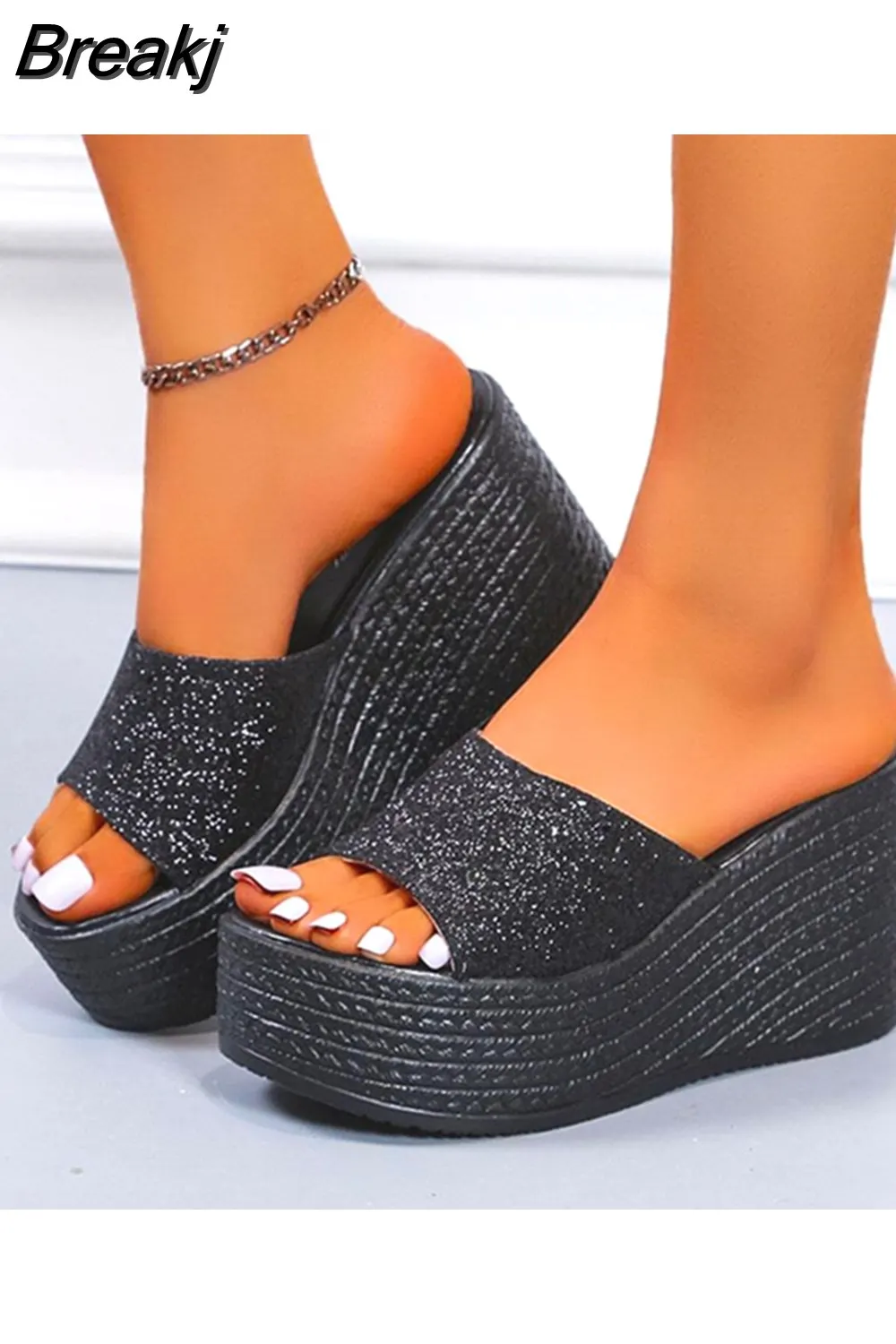 Breakj Wedge High Heeled Women Sandals New Arrived 2023 Bling Sequin Lady Slipper Peep Toe Comfort Walk Causal Sandals Plus Size