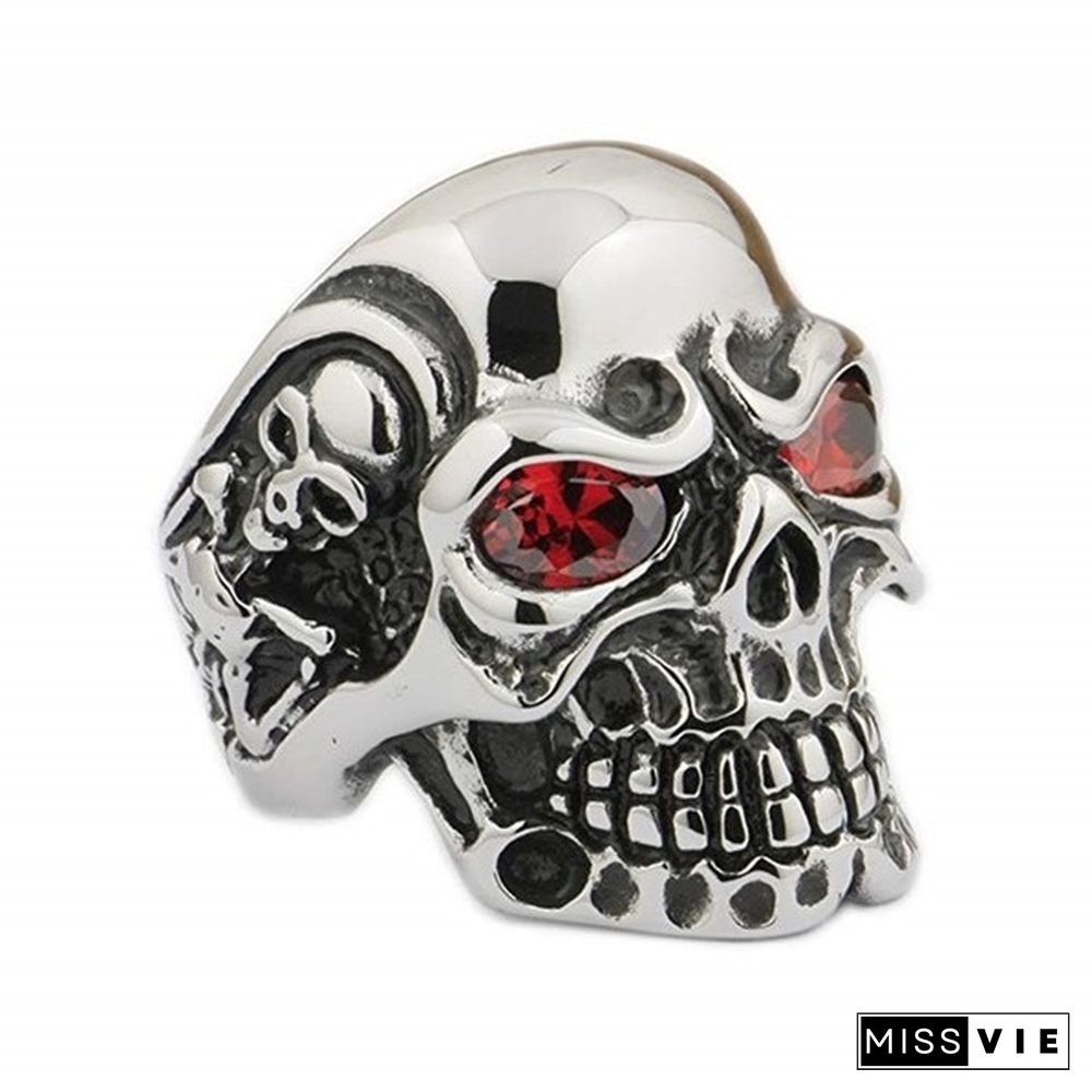 Vintage Gem Eye Skull Ring for Men Male Gothic Punk Biker Skeleton Stainless Steel Jewelry