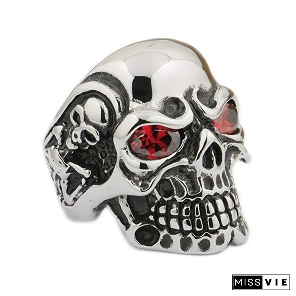 Vintage Gem Eye Skull Ring for Men Male Gothic Punk Biker Skeleton Stainless Steel Jewelry