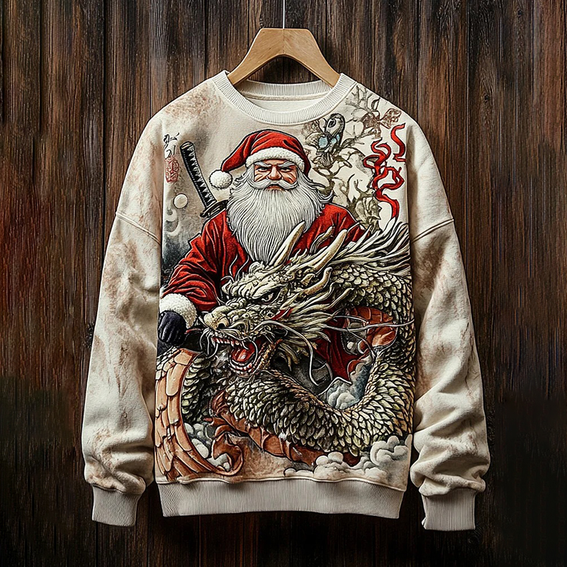 Funny Santa Samurai And Dragon Graphic Christmas Sweatshirt