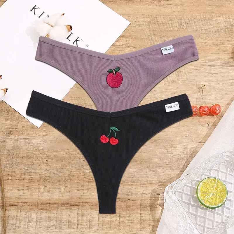 FINETOO 2/3PCS Women Lingerie Fruit Embroidery Panties G-string Sexy Low Rise Cotton Thongs Girl Underwear V-Waist Female Pantys