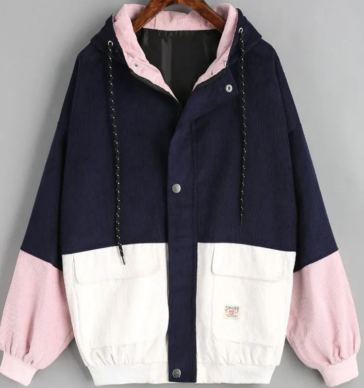 Brownm Loose Color Hooded Corduroy Overalls Coats