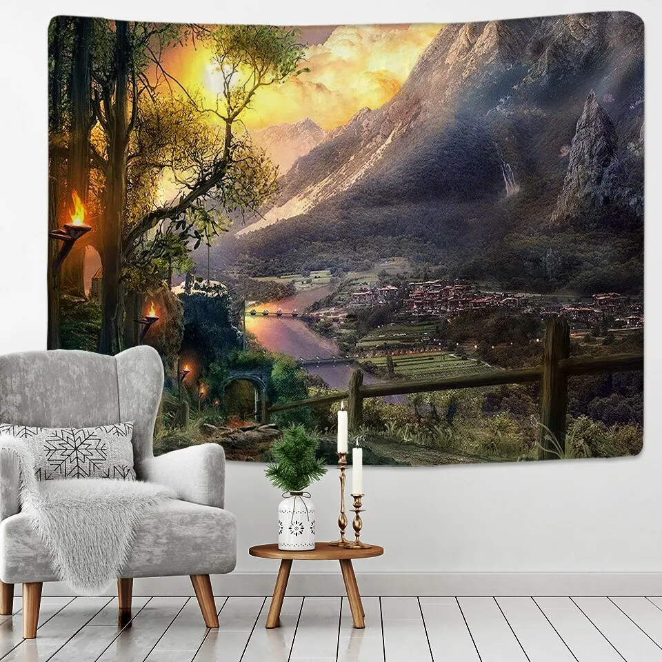 Village Under The Mountain Tapestry Wall Hanging Home Dorm Backdrop Decor Art Tapestry Urban Wall Cloth