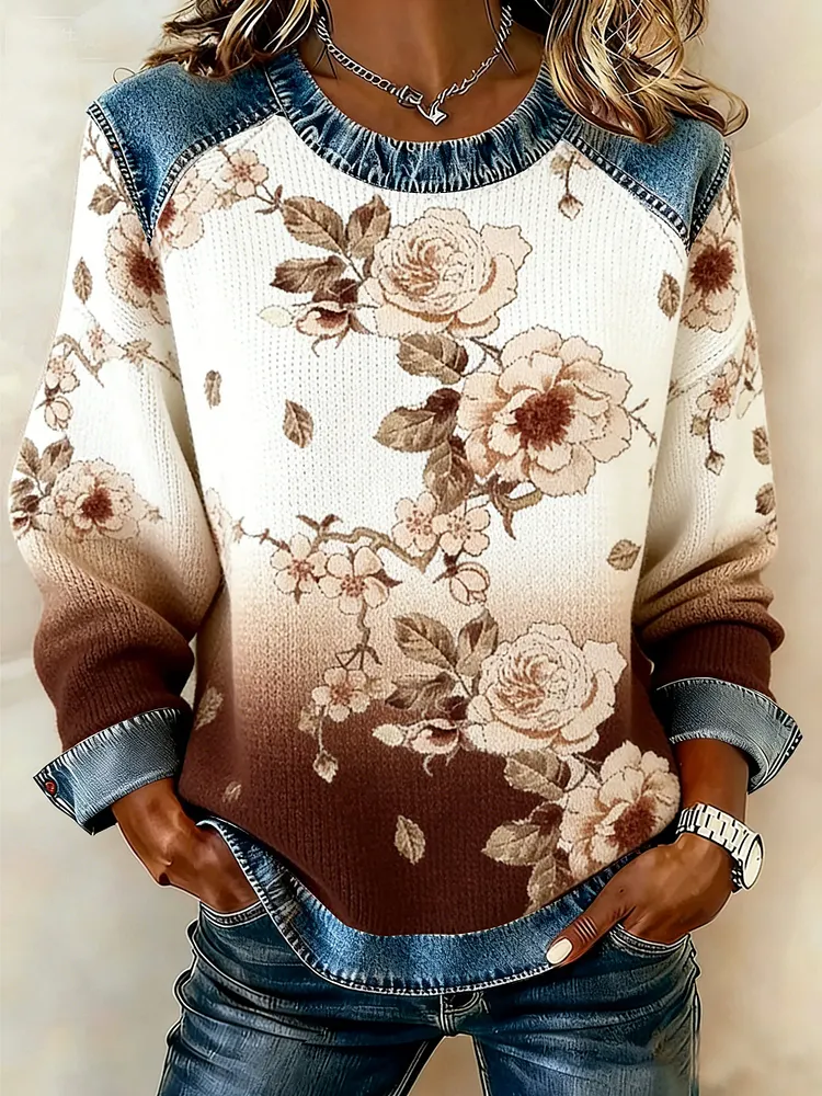 Women's winter retro floral print round neck top 