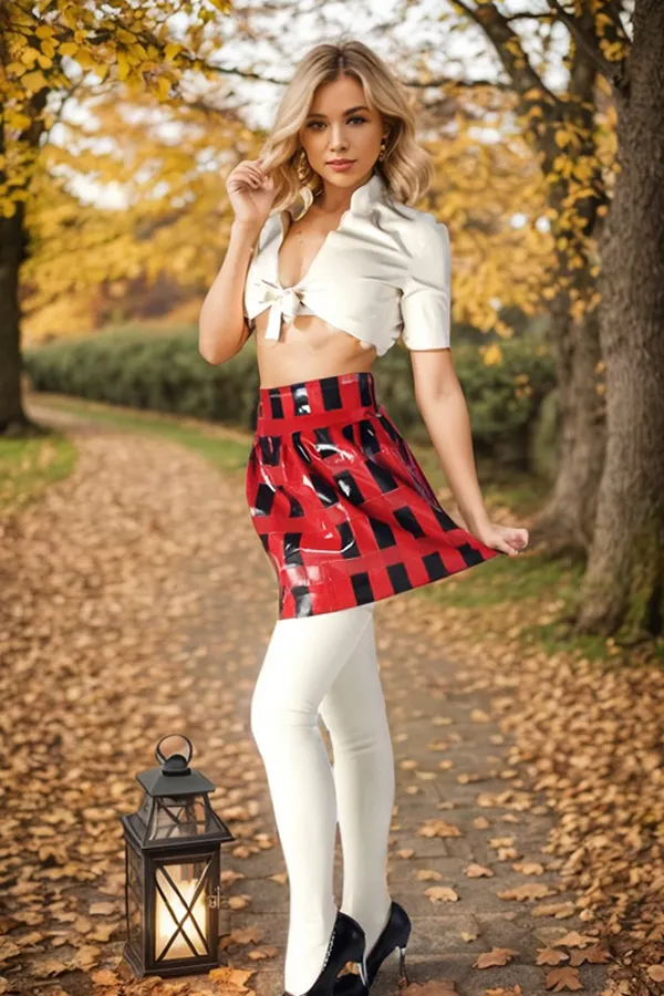 Women Latex Skirt Red Color-Blocked Plaid