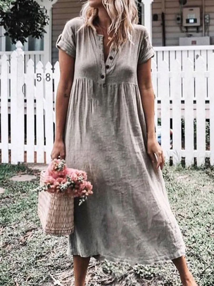 Cotton and Linen Solid Color Maxi Dress