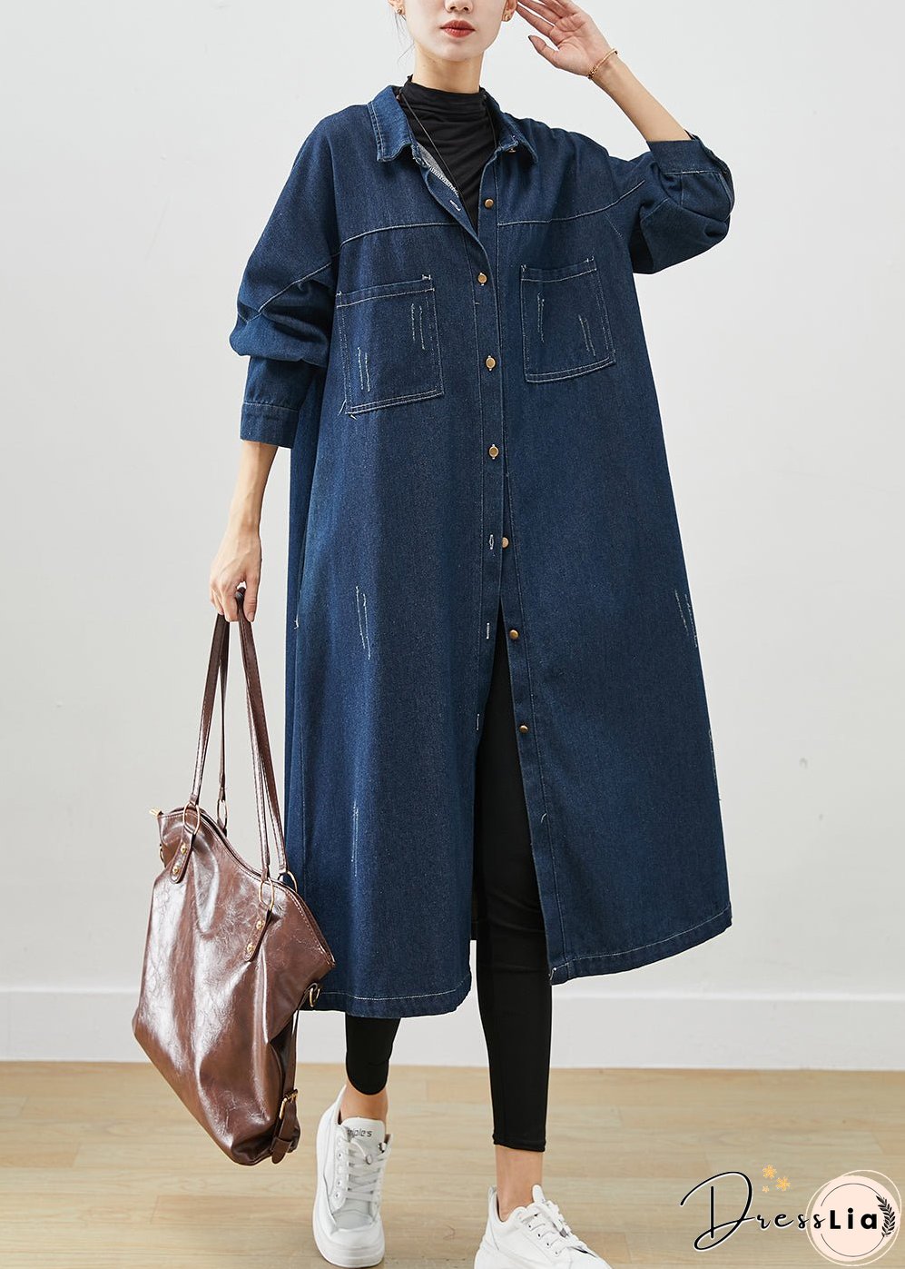 Navy Denim Trench Coats Oversized Pockets Fall