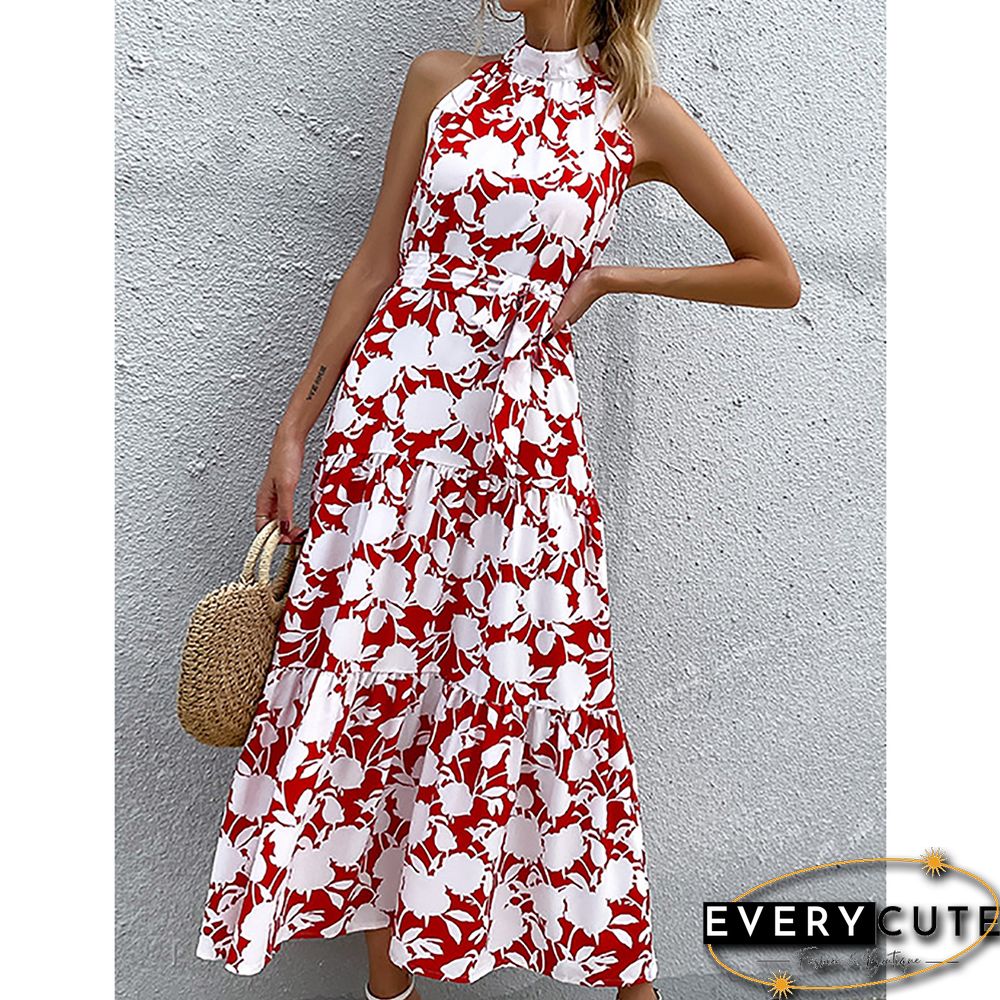 Red Floral Print Halter Maxi Dress