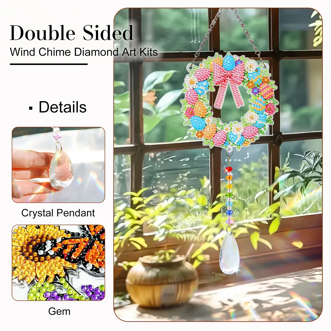 2Pcs Wreath DIY Acrylic Diamond Painting Art Wind Chimes with Crystal Pendant Diamond Art Hanging Pendant Double-Sided for Adults Beginners Gift Home Garden Decor