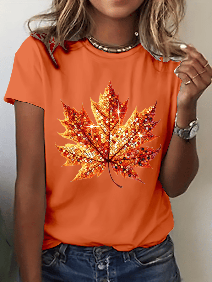 Women's Autumn Sequin Maple Leaf Print Crew Neck T-Shirt 
