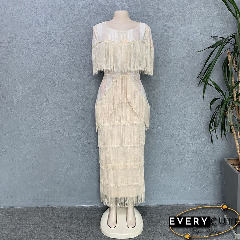 Women Summer Sexy Fringed Embellished Bodycon Celebrity Evening Dress Short Sleeve Fringe Tassel Club Party Dress Vestidos