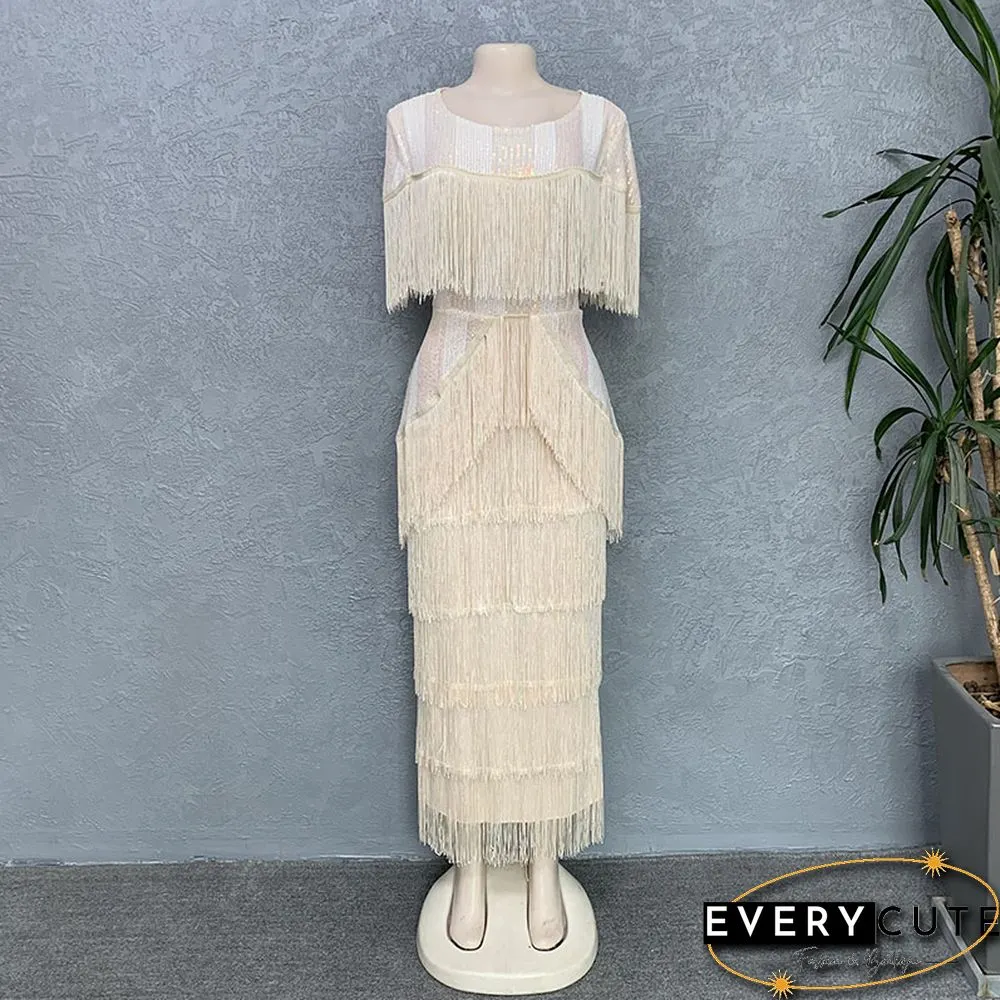 Women Summer Sexy Fringed Embellished Bodycon Celebrity Evening Dress Short Sleeve Fringe Tassel Club Party Dress Vestidos