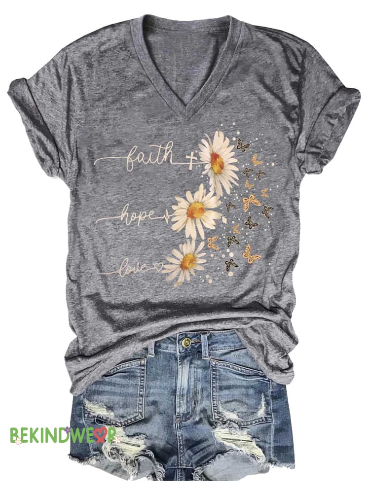 Women&rsquo;s Faith Hope Love Daisy Butterfly V-neck Casual T-Shirt Grey / S