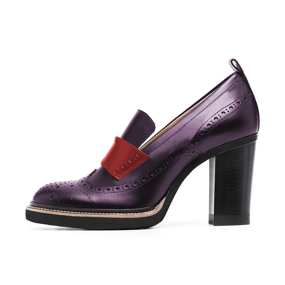 Purple & Red Vegan Leather Perforated Chunky Heel Loafer Shoes Women