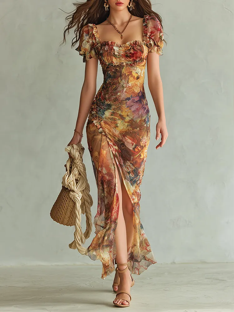 Boho Holiday Oil Painting Printed Chiffon Maxi Dress