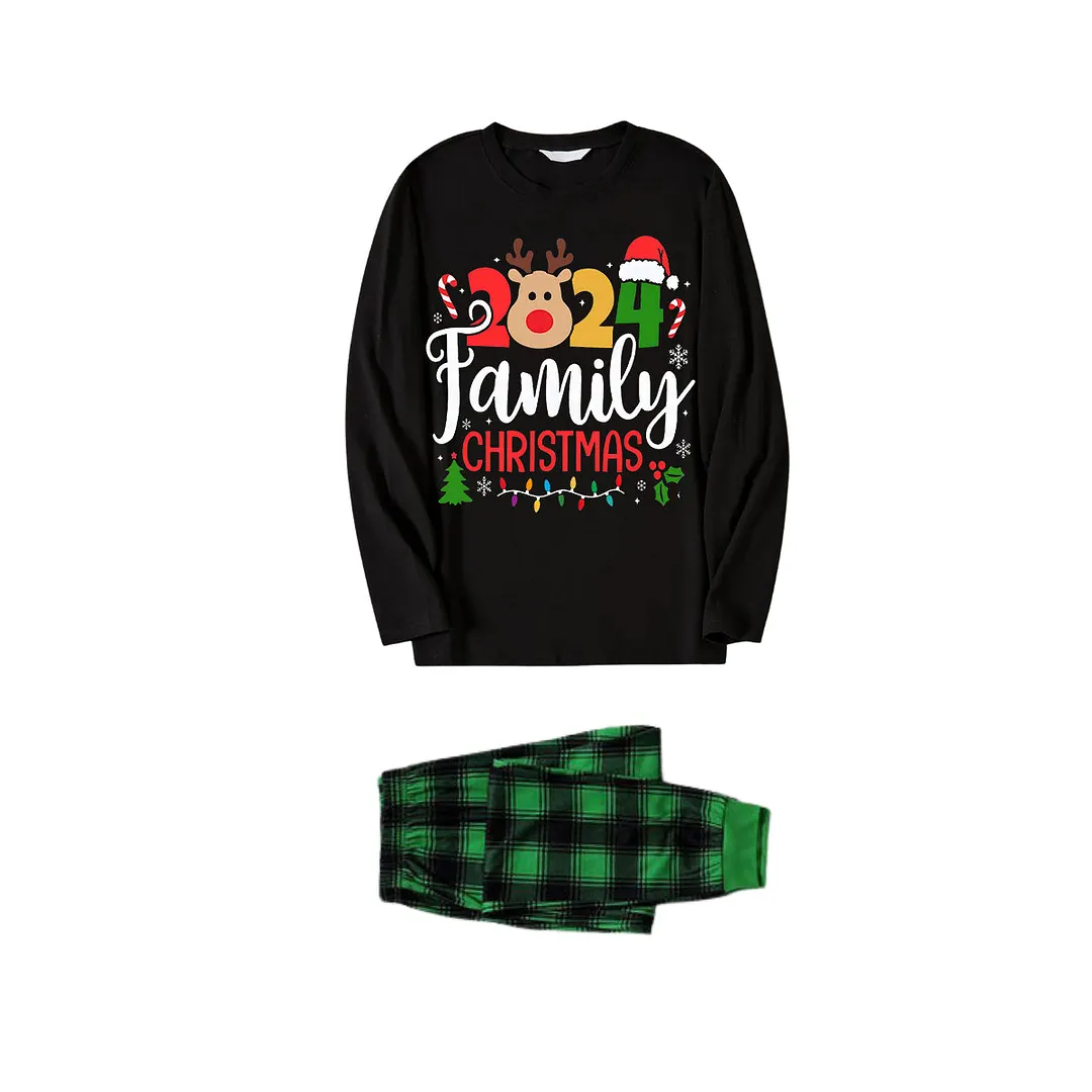 Cute Deer and "Family Christmas 2024" Print Black and Green Plaid Family Matching Pajamas