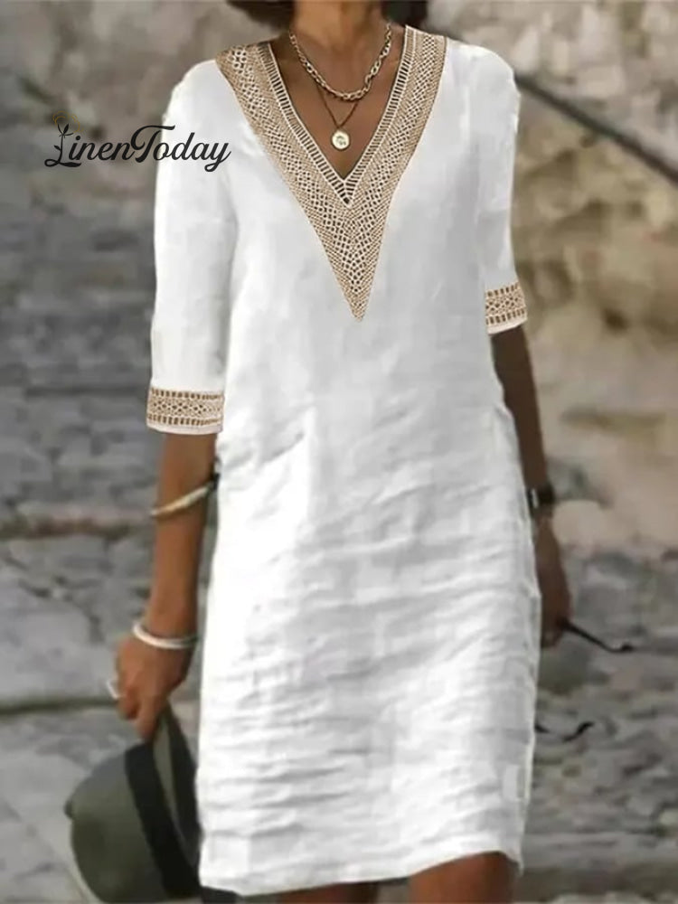 Multicolor V - Neck Cotton Dress White / S