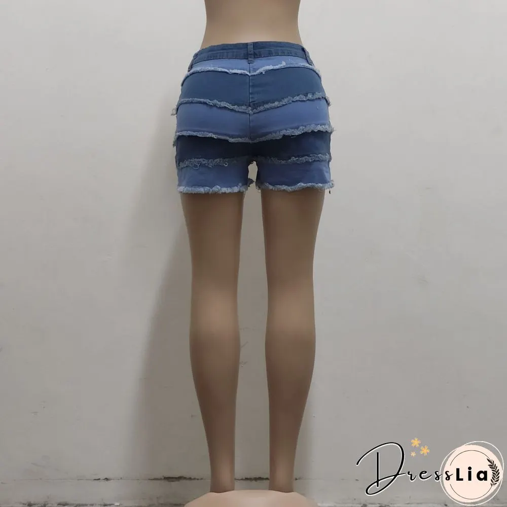 Summer Sexy Patchwork Women Ripped High Waist Holes Stretch Streetwear Plus Size Denim Shorts