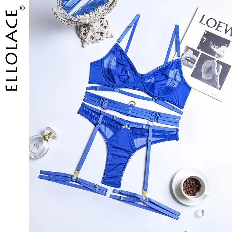 Ellolace Luxury Lingerie 3 Pieces Sexy Transparent Lace Underwear Sensual Patchwork Short Skin Care Kits Garters Exotic Sets