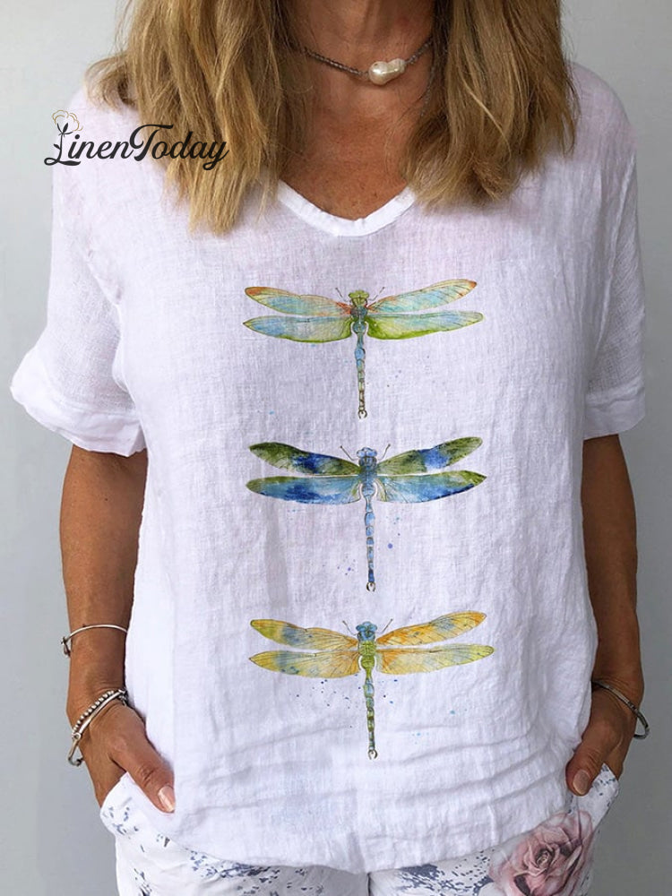 Women&rsquo;s Watercolor Dragonfly Print Cotton Linen Shirt White / S