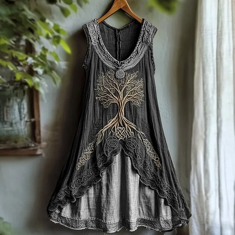 Tribal Viking Life Of Tree Celtic Knot Lace Art Linen Tank Dress