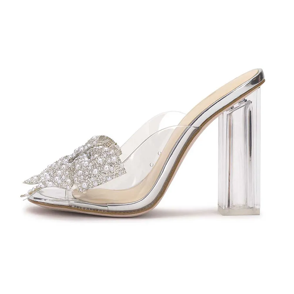 Silver Open Toe Pearls and Rhinestones Bow Clear Slide Sandals