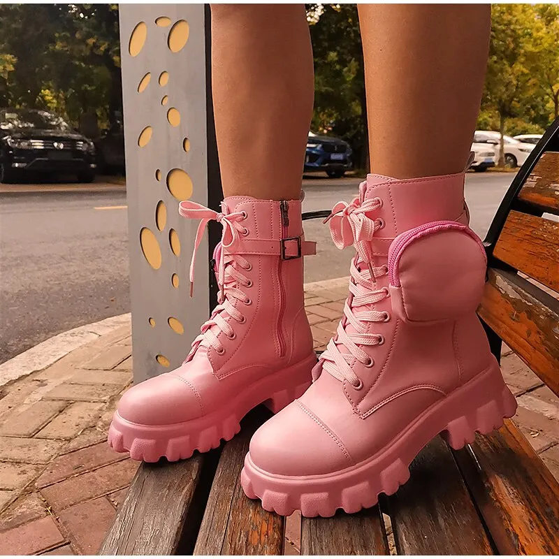 Women's Boots Buckle Strap Zipper Ladies Motorcycles Boots Pocket  Lace Up Female Combat Runway Ankle Boots Woman Platform Shoes