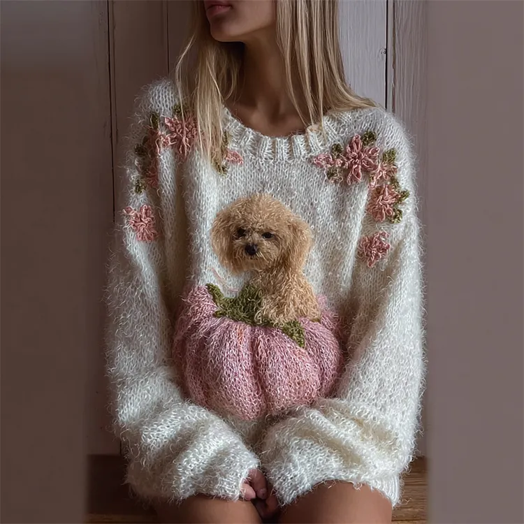 Fuzzy Dog & Pink Pumpkin Floral Cozy Knit Sweater