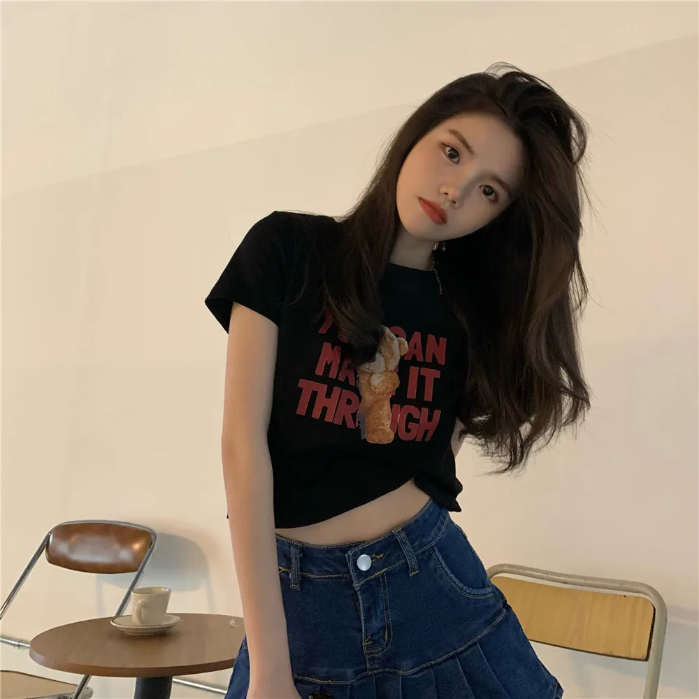 Brownm Brownm 2023 New Korean Letter Bear Print Short-Sleeved T-Shirt Women Slim Short Top Women's Wear