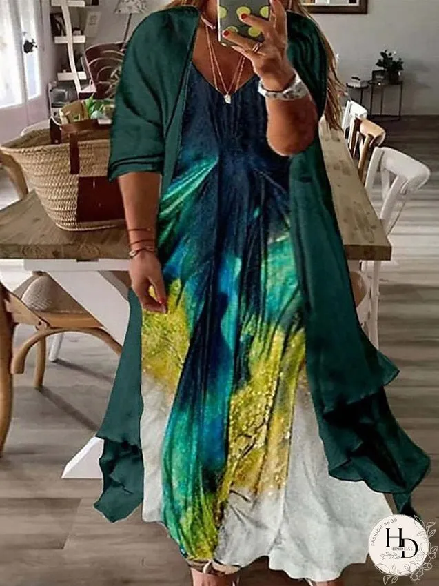 Plus Size Casual Dress Dress Set Two Piece Dress Floral Long Dress Maxi Dress 3/4 Length Sleeve Print V Neck Fashion Daily Pink Blue Spring Summer L XL XXL 3XL for Women