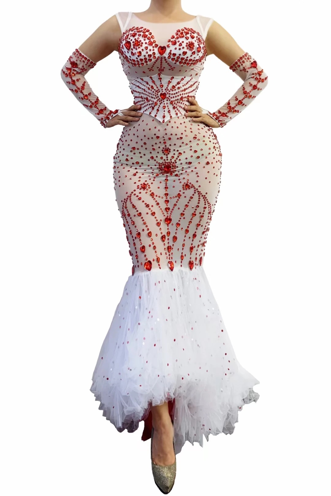 GOOSHOE White Outfit Prom Women Dresses Red Rhinestone Transparent Mermaid Long Dress With Gloves Belt