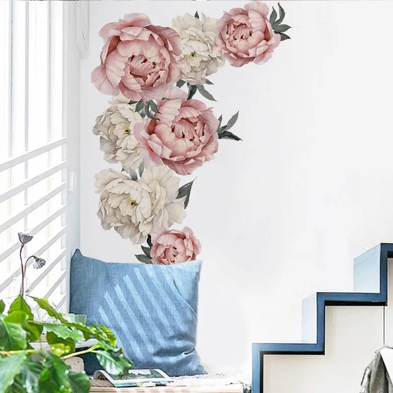 Large Pink Peony Flower Wall Stickers Romantic Flowers Home Decor for Bedroom Living Room DIY Vinyl Wall Decals