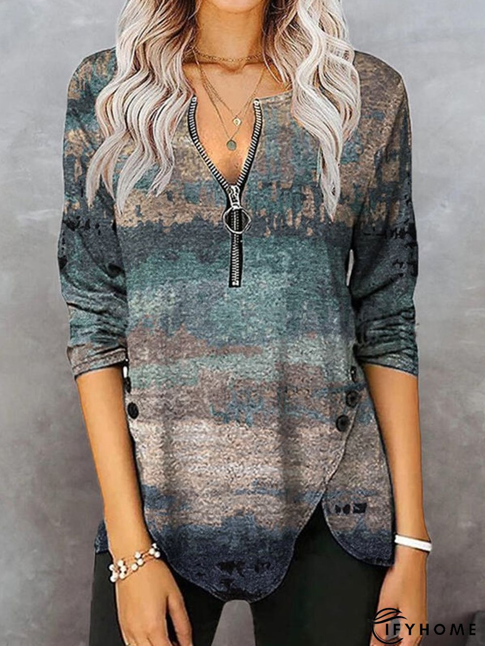 Printed Zipper Long Sleeve V Neck Casual Tunic T-Shirt | IFYHOME