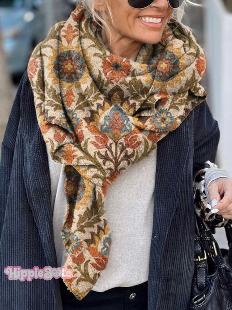 Women&rsquo;s Vintage Floral Pattern Print Casual Knitted Blanket Poncho Hood Cape Multicolor / Onesize