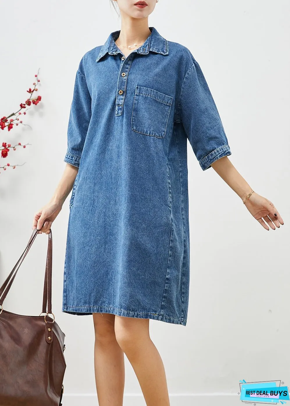Women Blue Peter Pan Collar Cinched Denim Dress Half Sleeve