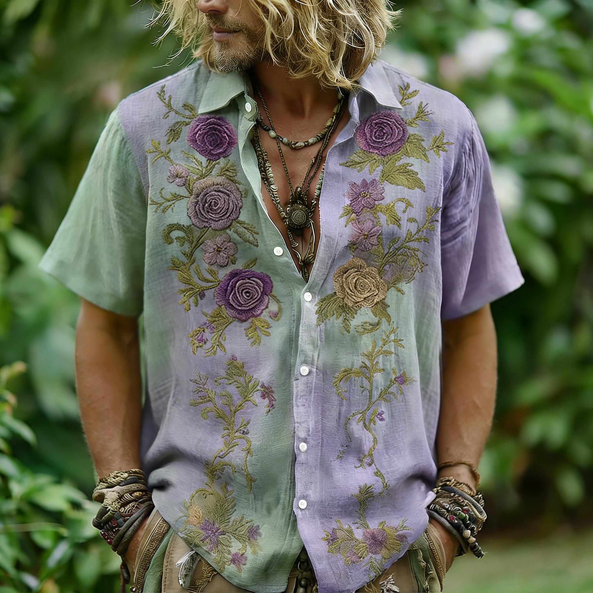 Men's  Vintage Floral Embroidered Comfy Linen Blend Cozy Short Sleeve Shirt  artssus