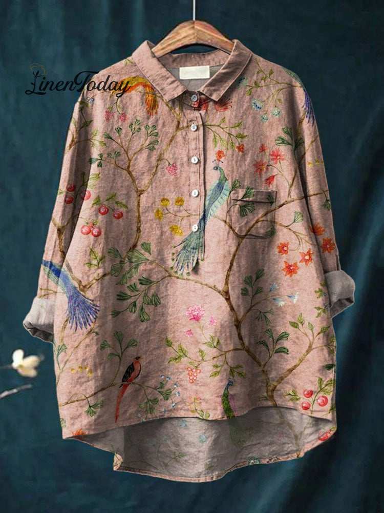 Women&rsquo;s Vintage Ethnic Lovely Birds Floral Art Print Casual Cotton And Linen Shirt Multicolor / S