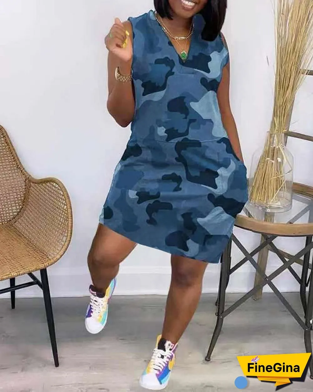 Sleeveless Camouflage Print Pocket Design Dress