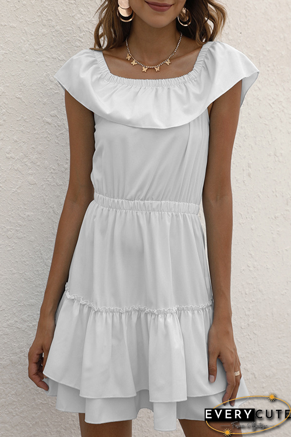 Casual Solid Split Joint Flounce Off the Shoulder Waist Skirt Dresses