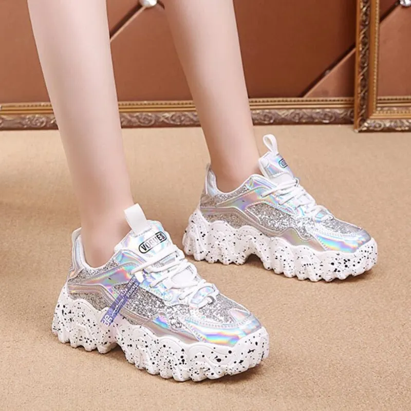 Fashion Women Shoes Dad Chunky Sneakers Women Luxury Comfortable Glossy Thick Sole Ladies Platform Wave Bottom Trainers Female