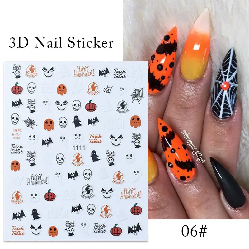 1pcs Halloween Pumpkin Skull Design 3D Nail Stickers Geometry Christmas Snowflake Winter Slider Nail Foils Manicures Decoration
