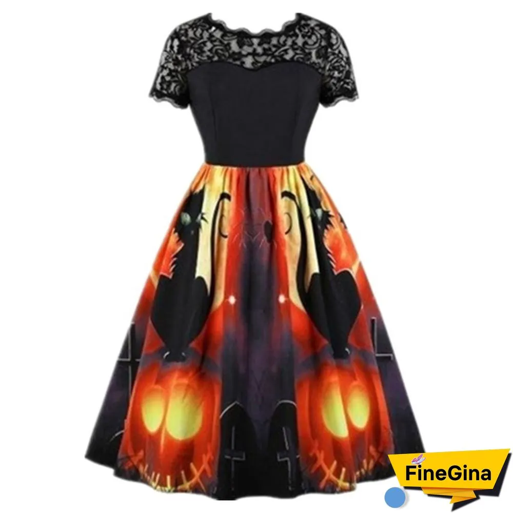 Plus Size Fashion Women Pumpkin Snowflake Print Dress Short Sleeve Lace Dress Christmas Halloween Costume Knee Length Party Dresses