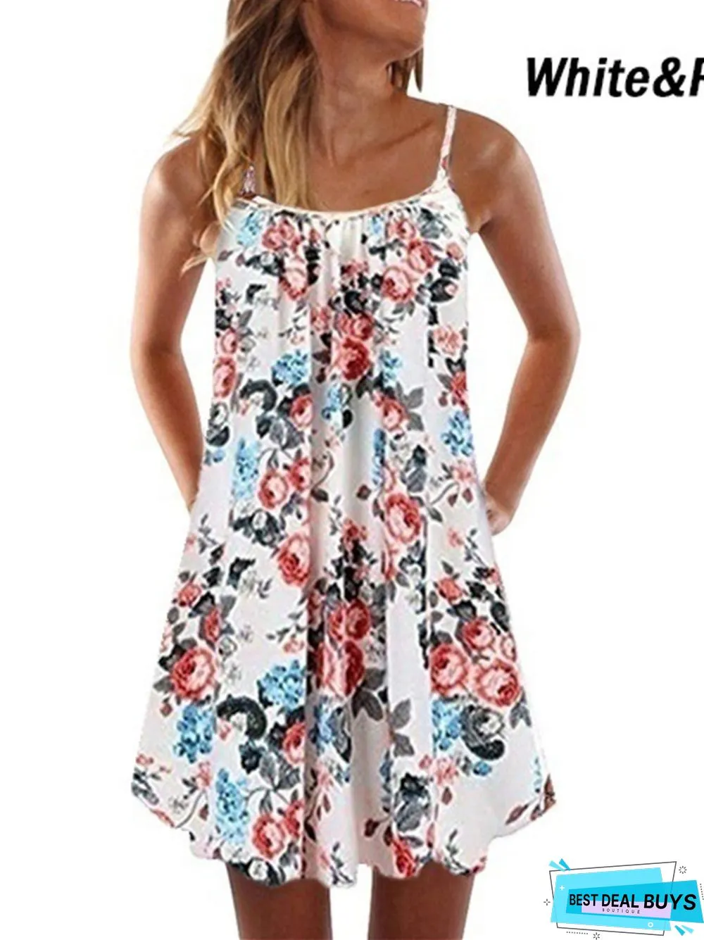Printed Pleated Large Hem Loose Suspender Dress Black Dresses