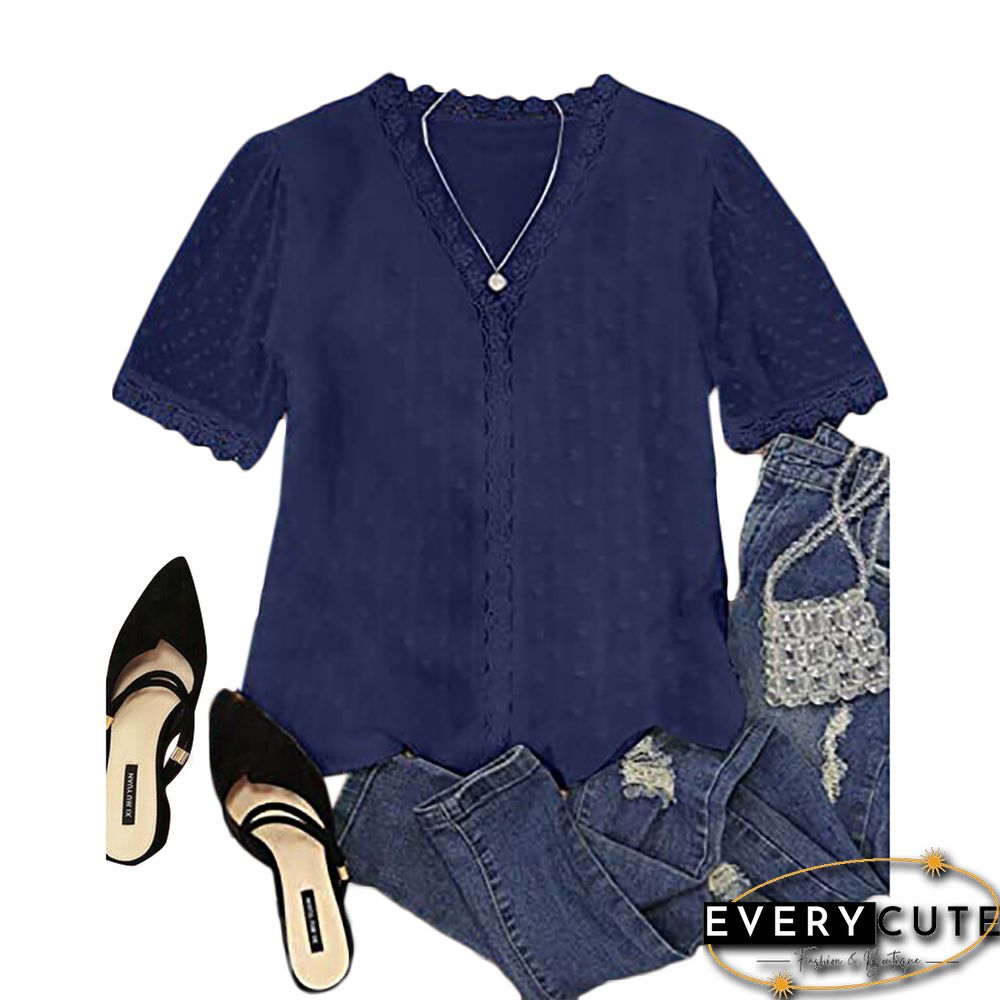 Navy Blue Lace Splicing V-Neck Chiffon Short Sleeve Top