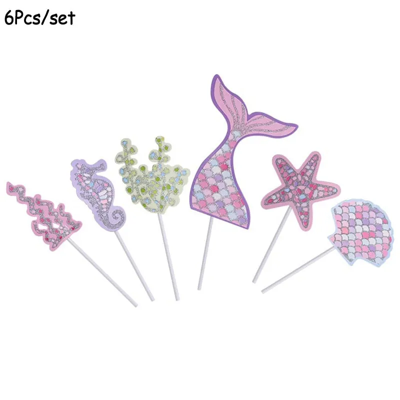 1Set Mermaid Party Happy Birthday Cake Topper Cupcake Toppers Girl Baby Shower Little Mermaid Theme Birthday Party Decorations