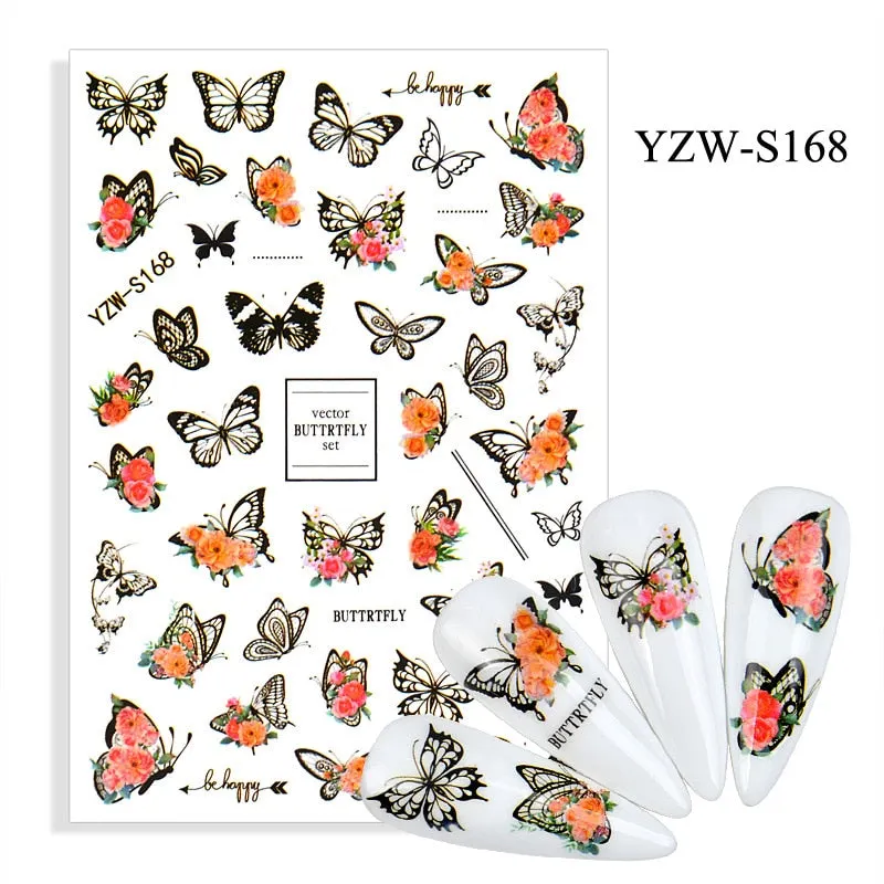 1pc Holographic Blue Nail Stickers Pink Colorful Butterfly Art Sticker With Adhesive DIY Extension Flowers Rose Nail Decoration-Nail Inspo